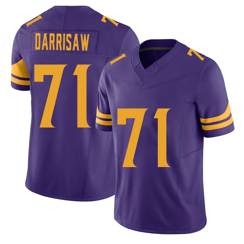 Minnesota #71 Darrisaw Purple Player Football V Neck Short Sleeve Jersey Christian For Men Youth Women Gift