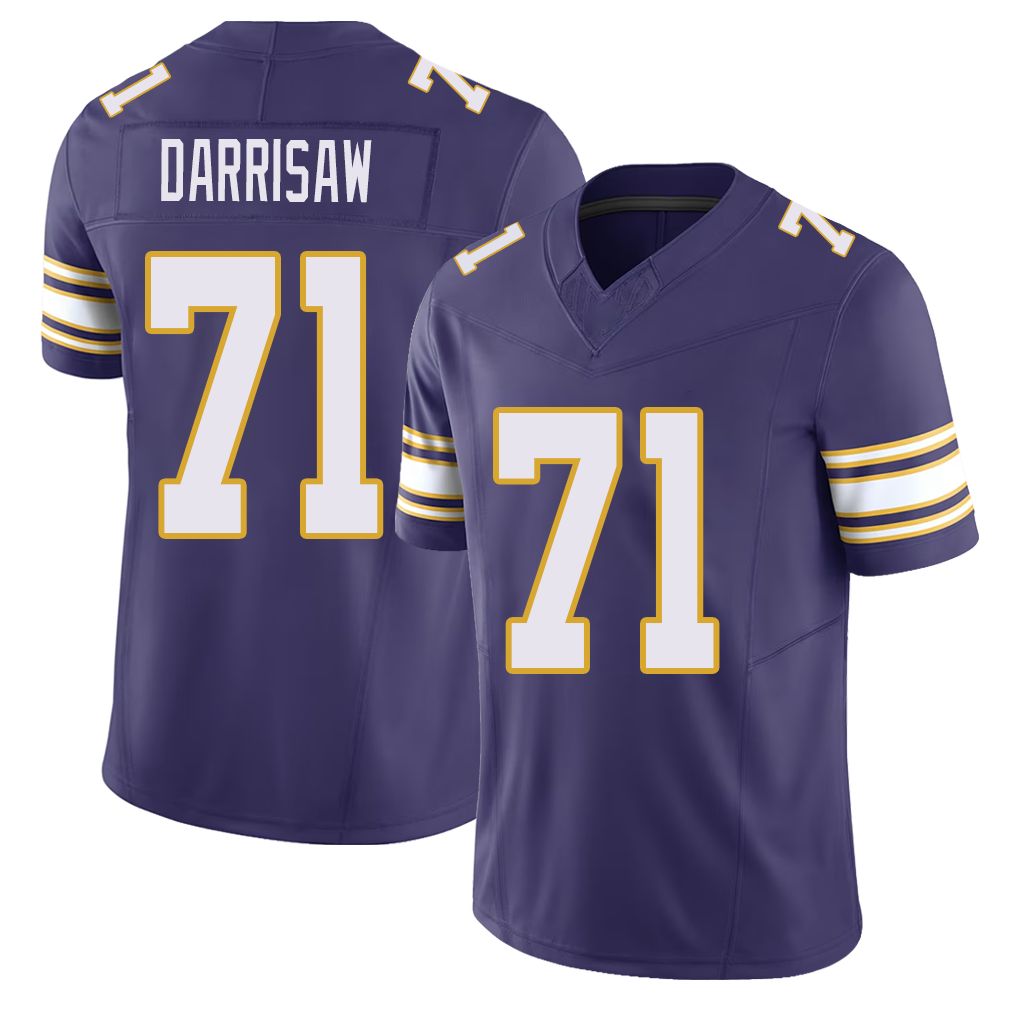 Minnesota #71 Darrisaw Player Football V Neck Short Sleeve Purple Jersey Christian For Men Youth Women Gift