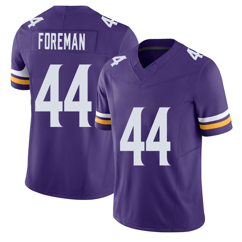 Minnesota #44 Foreman Player Football V Neck Short Sleeve Jersey Purple Chuck For Men Youth Women Gift
