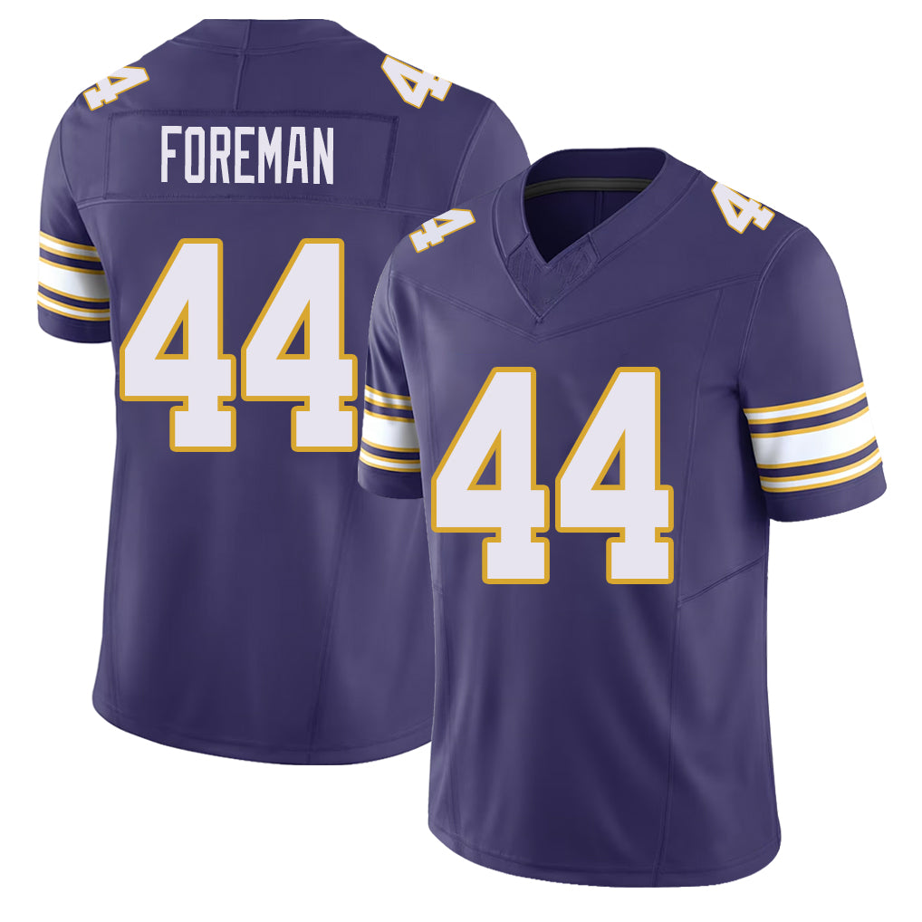 Minnesota #44 Foreman Player Football V Neck Short Sleeve Purple Jersey Chuck For Men Youth Women Gift