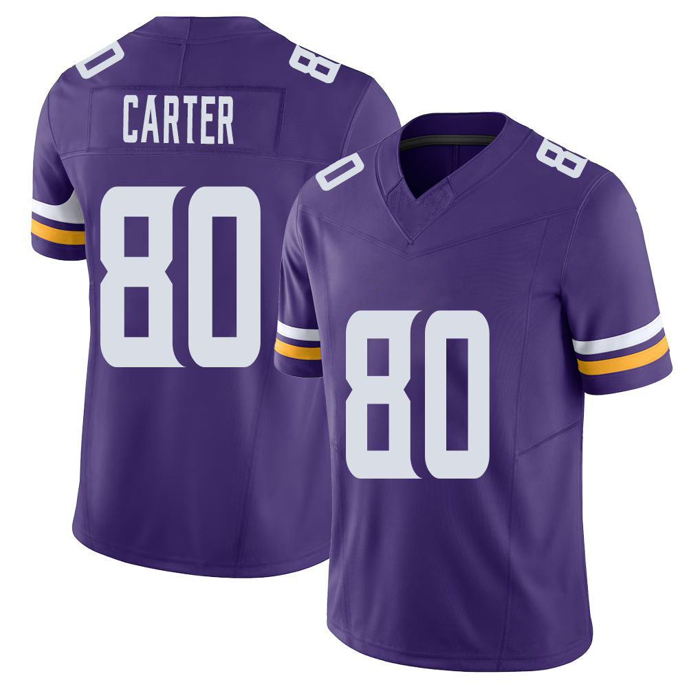 Minnesota #80 Carter Player Football V Neck Short Sleeve Jersey Purple Cris For Men Youth Women Gift