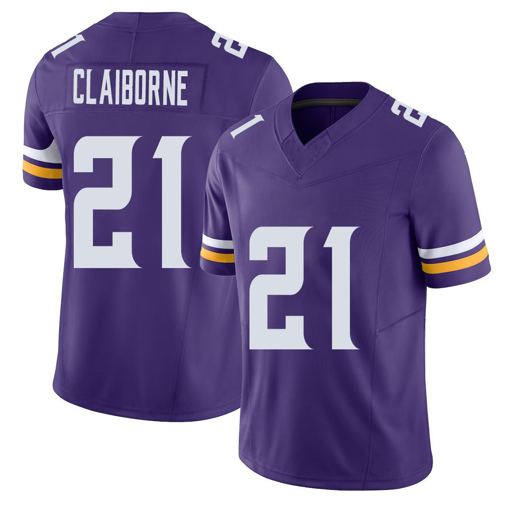 Minnesota #21 Claiborne Player Football V Neck Short Sleeve Jersey Purple Demond For Men Youth Women Gift