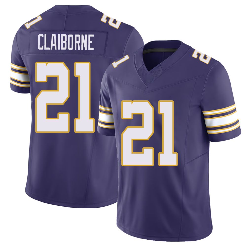 Minnesota #21 Claiborne Player Football V Neck Short Sleeve Purple Jersey Demond For Men Youth Women Gift