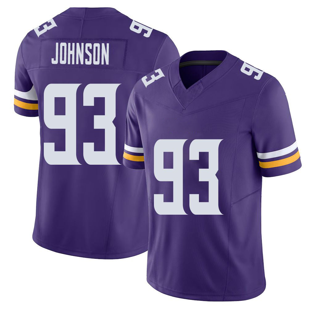 Minnesota #93 Johnson Player Football V Neck Short Sleeve Jersey Purple Eric For Men Youth Women Gift