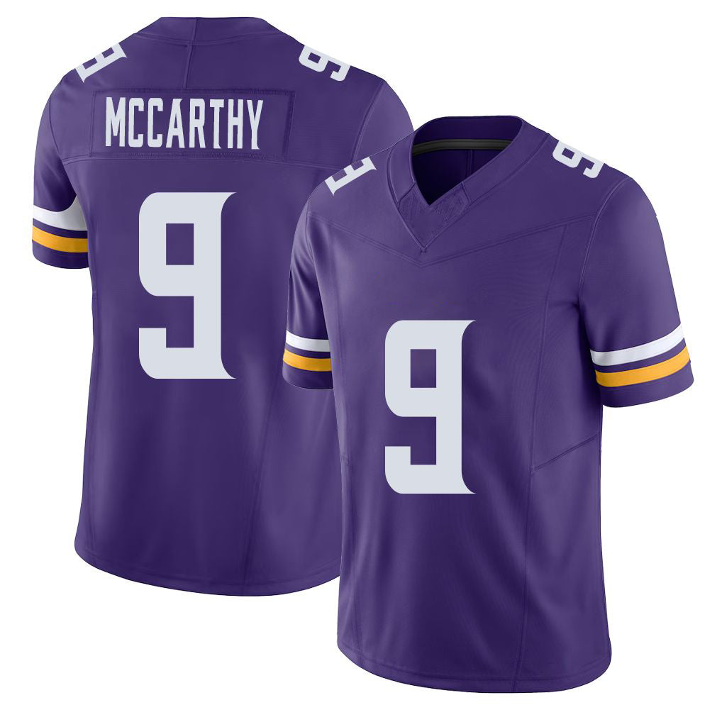 Minnesota #9 McCarthy Player Football V Neck Short Sleeve Jersey Purple J.J. For Men Youth Women Gift