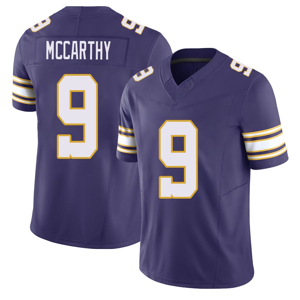 Minnesota #9 McCarthy Player Football V Neck Short Sleeve Purple Jersey J.J. For Men Youth Women Gift