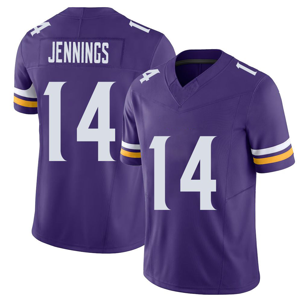 Minnesota #14 Jennings Player Football V Neck Short Sleeve Jersey Purple Jauan For Men Youth Women Gift