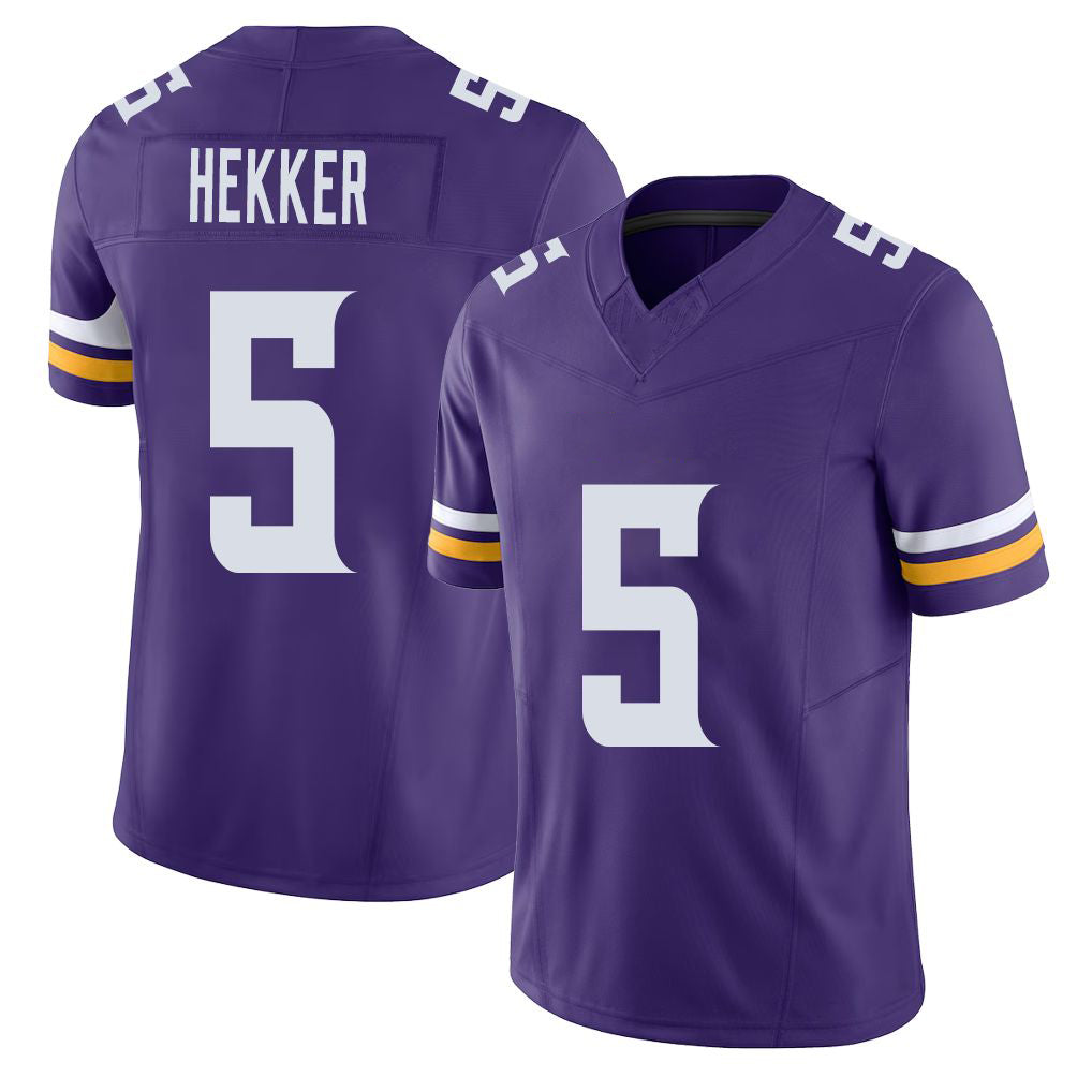 Minnesota #5 Hekker Player Football V Neck Short Sleeve Jersey Purple Johnny For Men Youth Women Gift