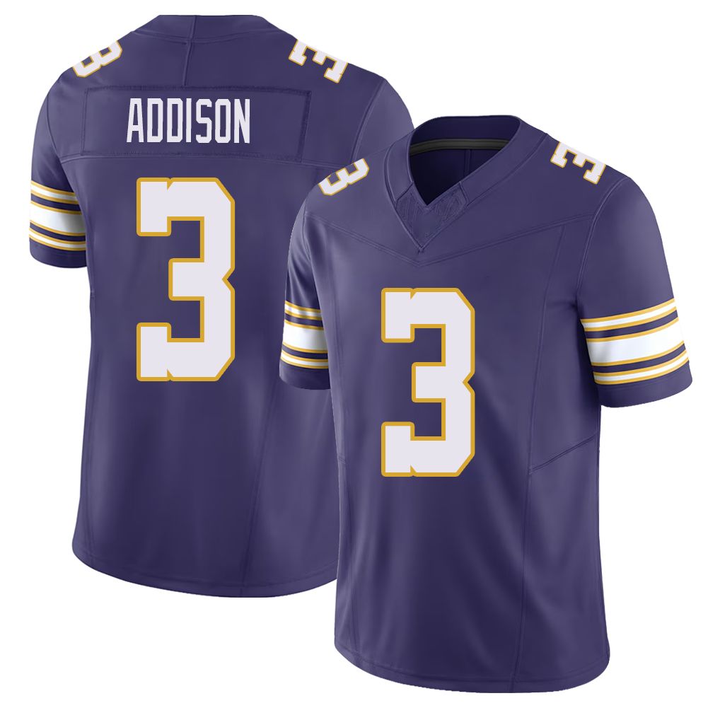 Minnesota #3 Addison Player Football V Neck Short Sleeve Purple Jersey Jordan For Men Youth Women Gift