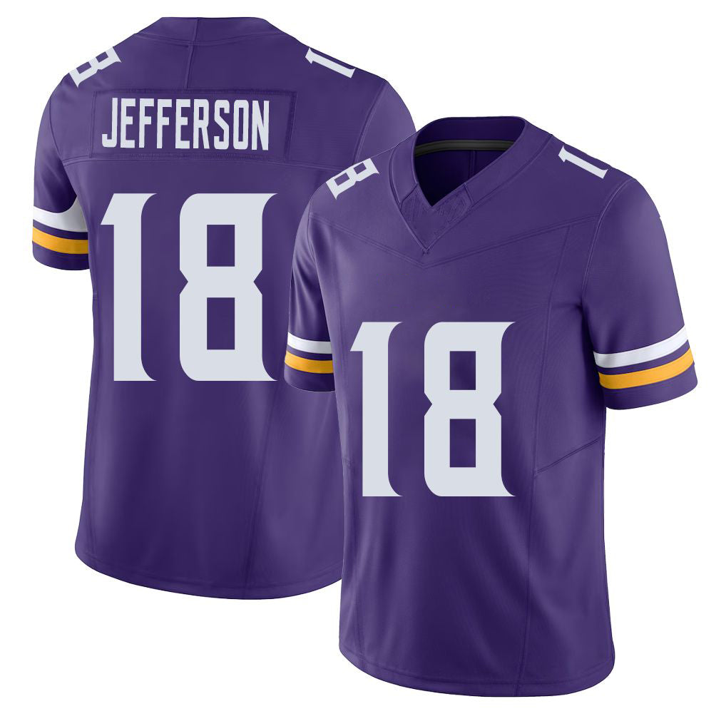 Minnesota #18 Jefferson Player Football V Neck Short Sleeve Jersey Purple Justin For Men Youth Women Gift