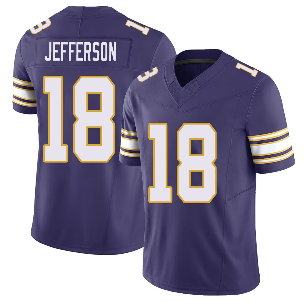 Minnesota #18 Jefferson Player Football V Neck Short Sleeve Purple Jersey Justin For Men Youth Women Gift