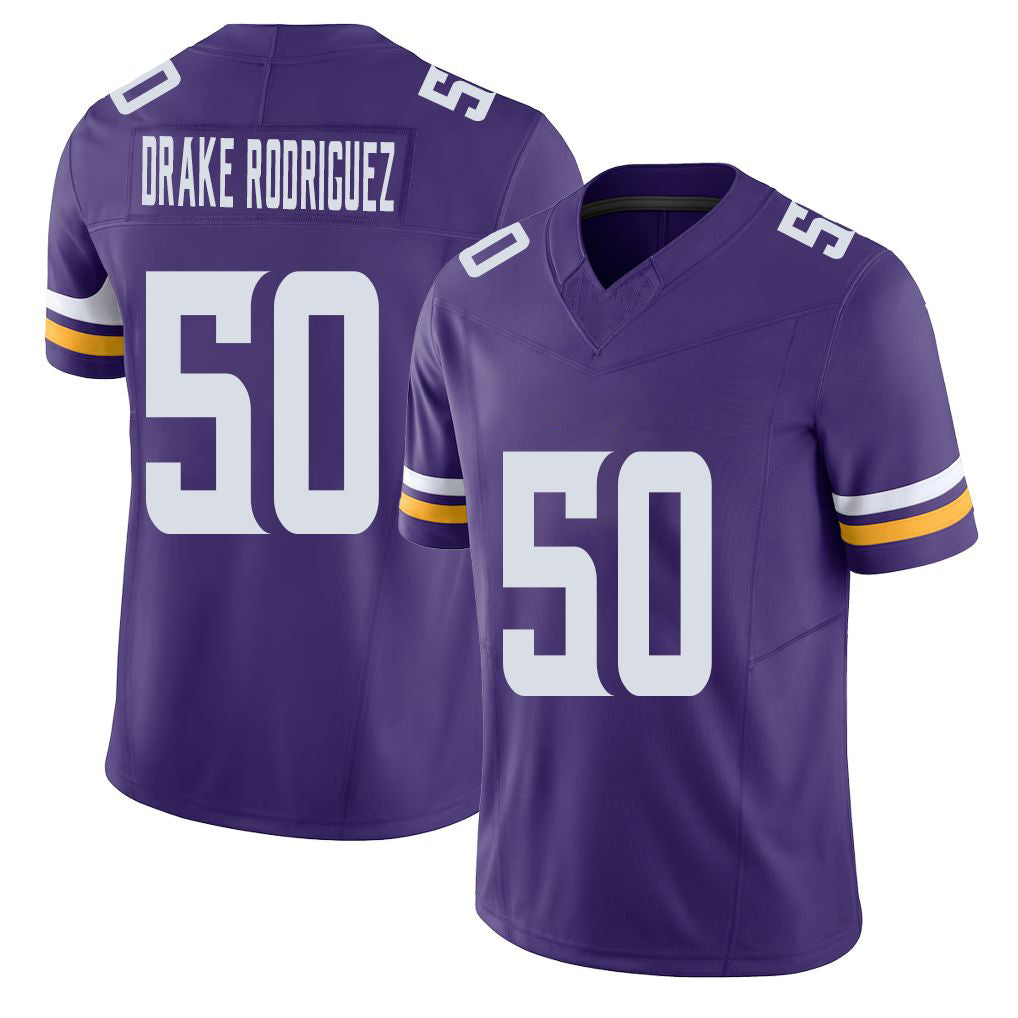 Minnesota #50 Drake Rodriguez Player Football V Neck Short Sleeve Jersey Purple Levi For Men Youth Women Gift