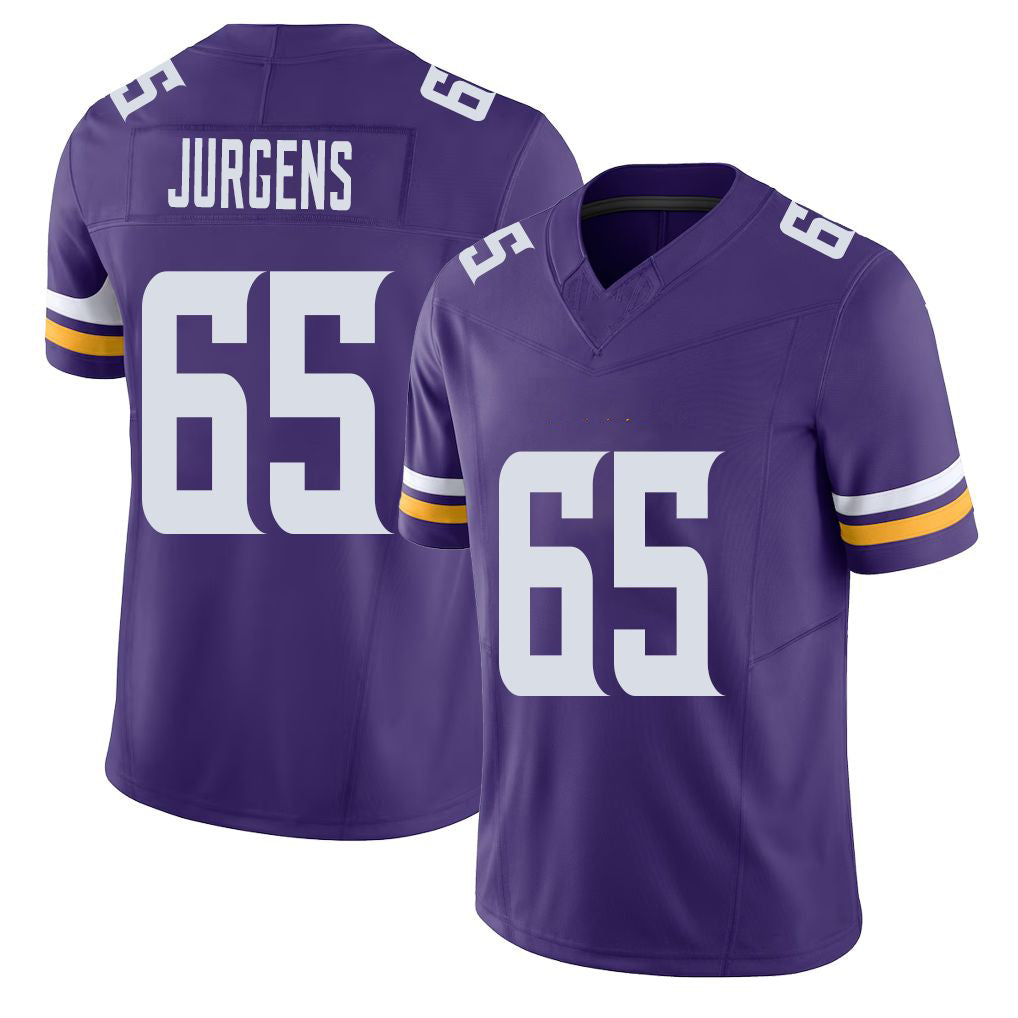 Minnesota #65 Jurgens Player Football V Neck Short Sleeve Jersey Purple Michael For Men Youth Women Gift