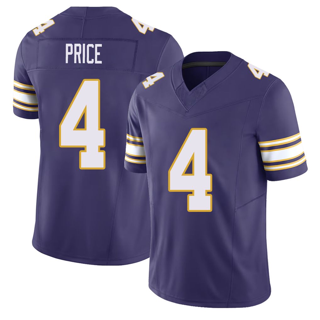 Minnesota #4 Price Player Football V Neck Short Sleeve Purple Jersey Myles For Men Youth Women Gift