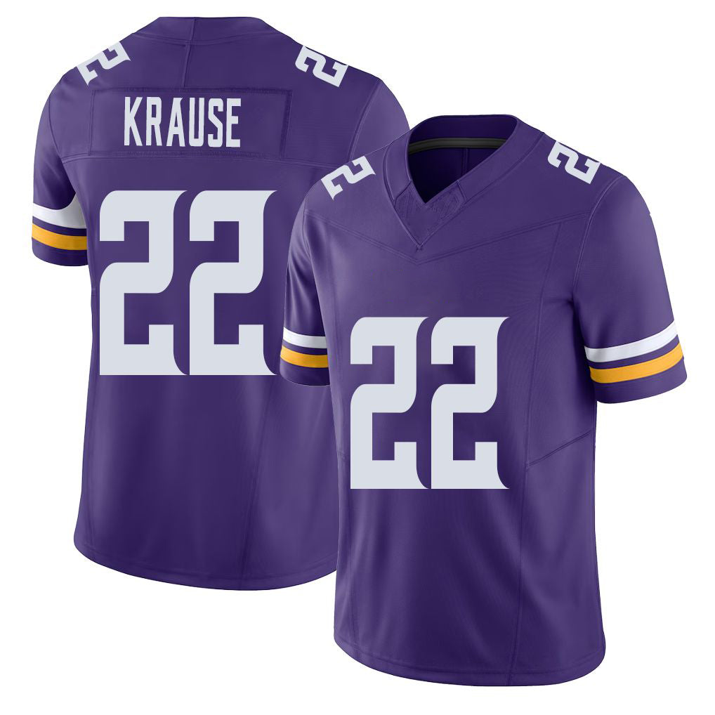 Minnesota #22 Krause Player Football V Neck Short Sleeve Jersey Purple Paul For Men Youth Women Gift