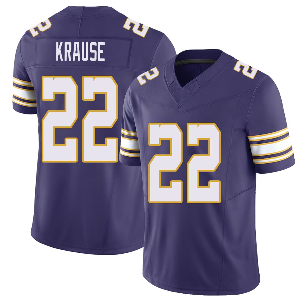 Minnesota #22 Krause Player Football V Neck Short Sleeve Purple Jersey Paul For Men Youth Women Gift