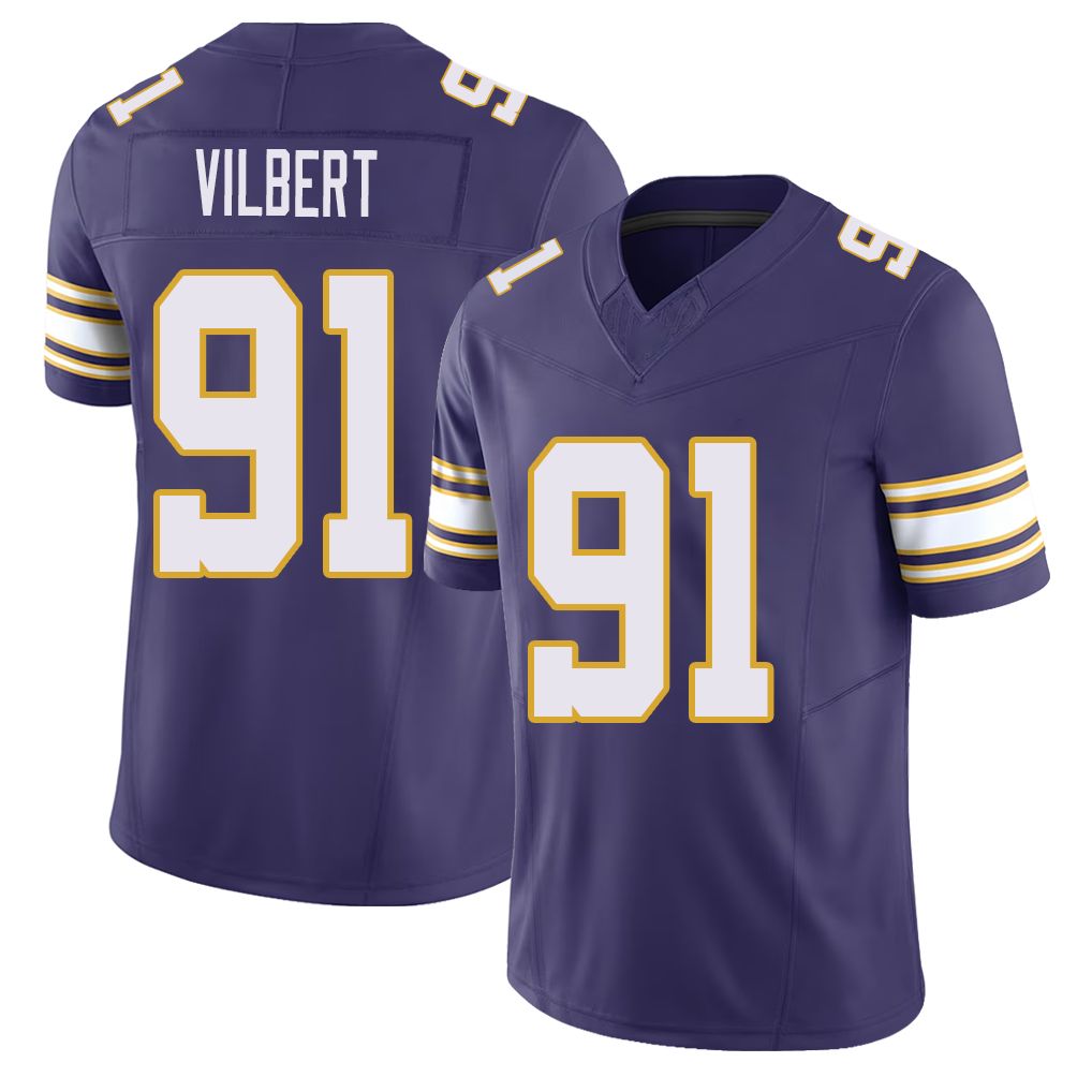 Minnesota #91 Vilbert Player Football V Neck Short Sleeve Purple Jersey Smith For Men Youth Women Gift