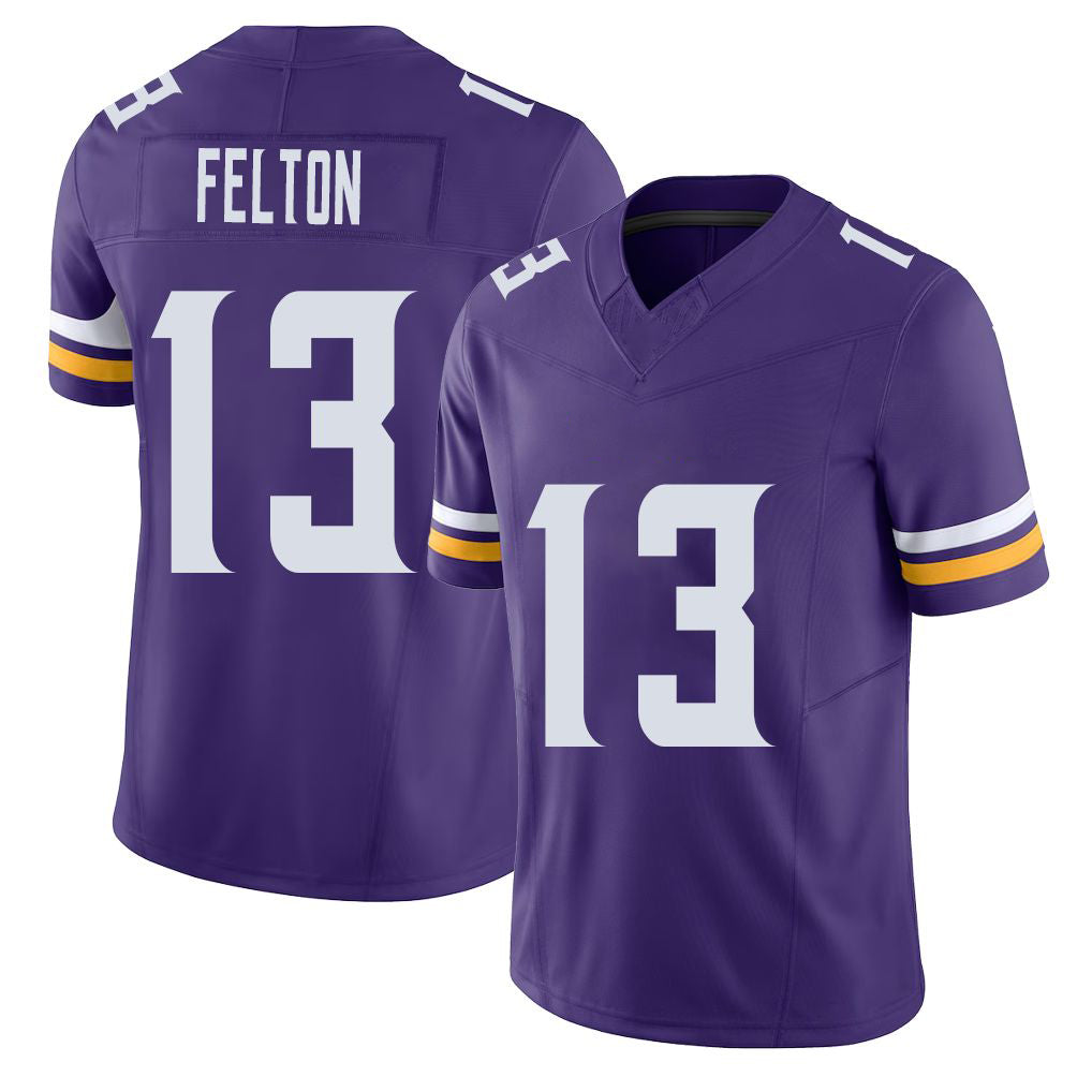 Minnesota #13 Felton Player Football V Neck Short Sleeve Jersey Purple Tai For Men Youth Women Gift
