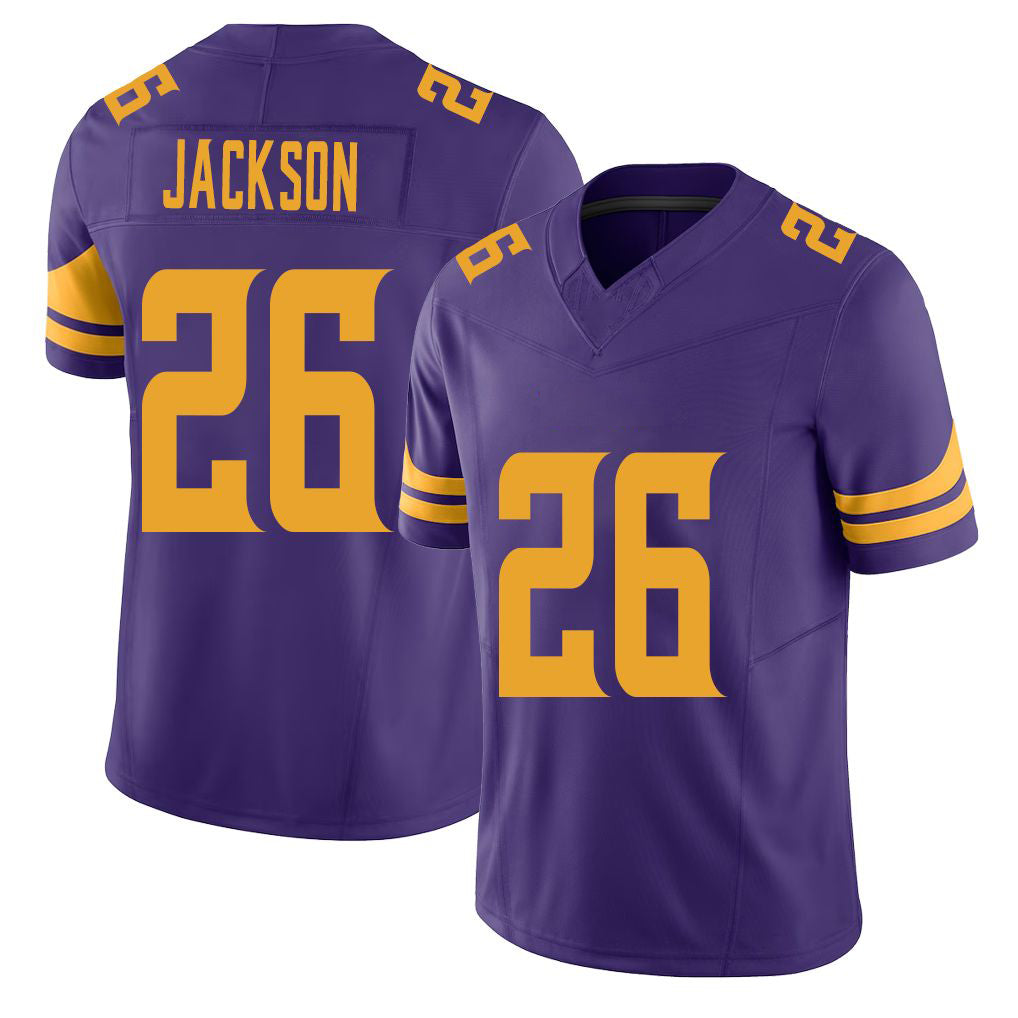 Minnesota #26 Jackson Purple Player Football V Neck Short Sleeve Jersey Theo For Men Youth Women Gift