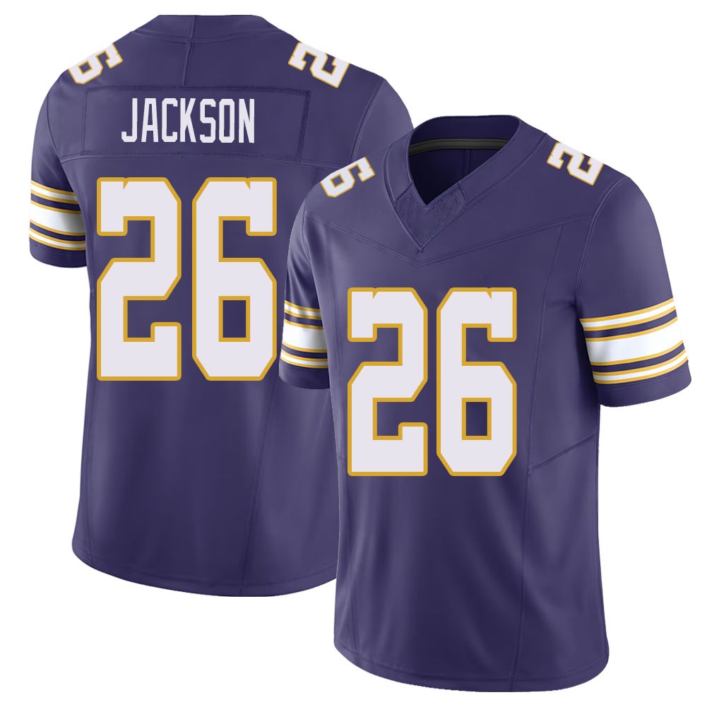 Minnesota #26 Jackson Player Football V Neck Short Sleeve Purple Jersey Theo For Men Youth Women Gift