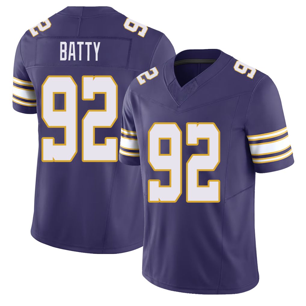 Minnesota #92 Batty Player Football V Neck Short Sleeve Purple Jersey Tyler For Men Youth Women Gift