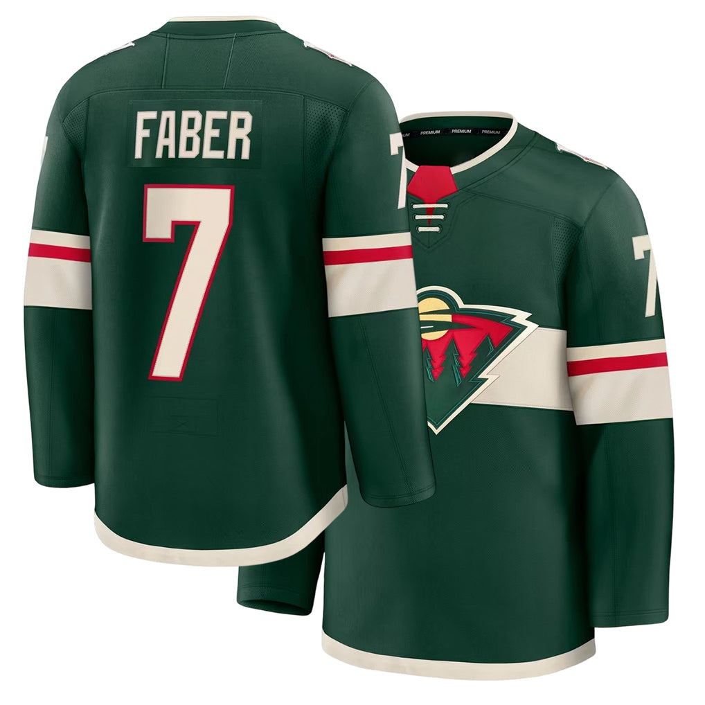 Mens Minnesota #7 Faber Player Ice hockey Long Sleeve Green Brock Jersey