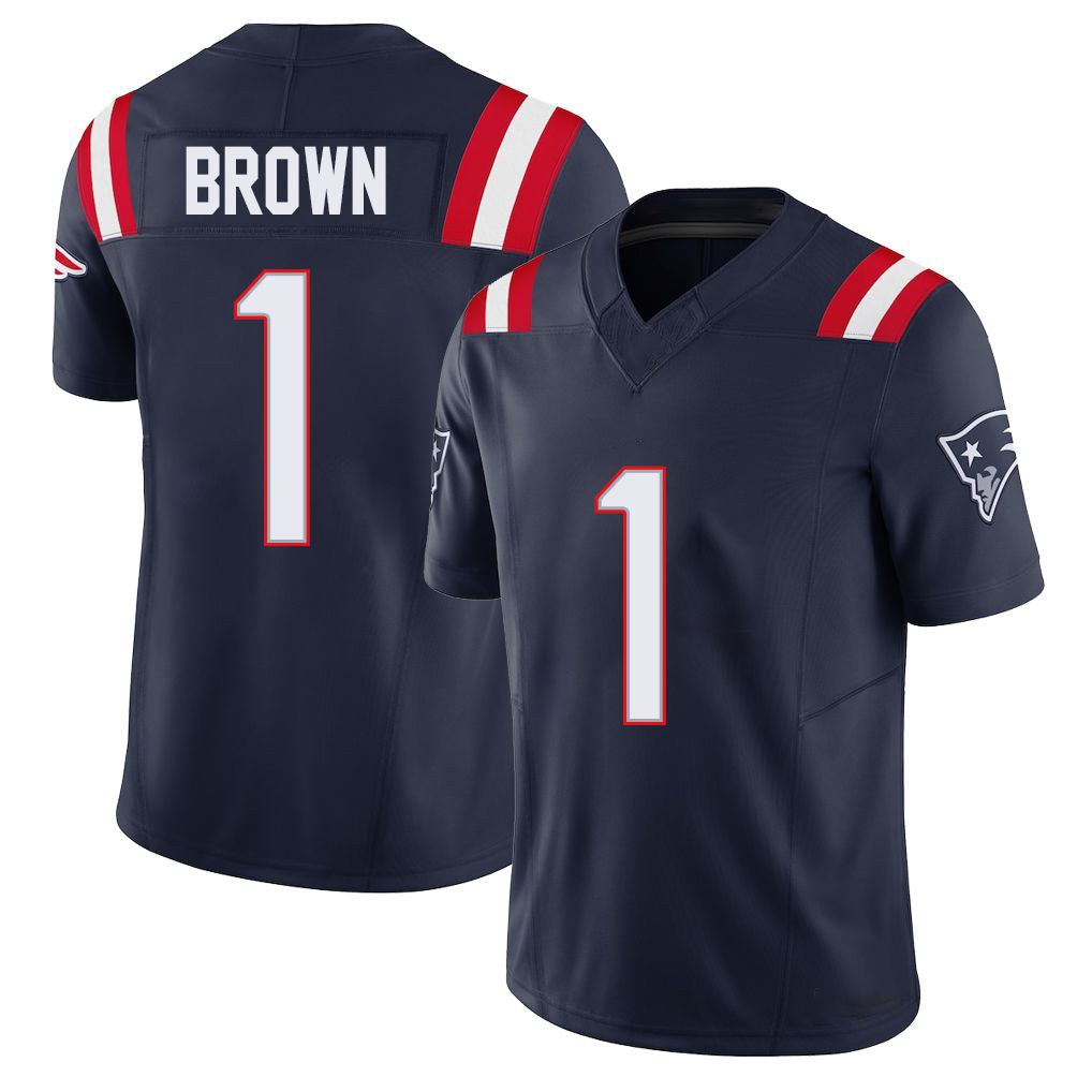 New England #1 Brown Player Football V Neck Short Sleeve Navy Jersey A.J. For Men Youth Women Gift