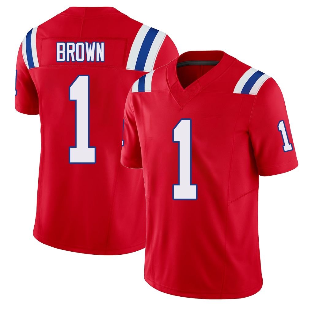 New England #1 Brown Player Football V Neck Short Sleeve Red Jersey A.J. For Men Youth Women Gift