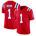 New England #1 Brown Player Football V Neck Short Sleeve Red Jersey A.J. For Men Youth Women Gift