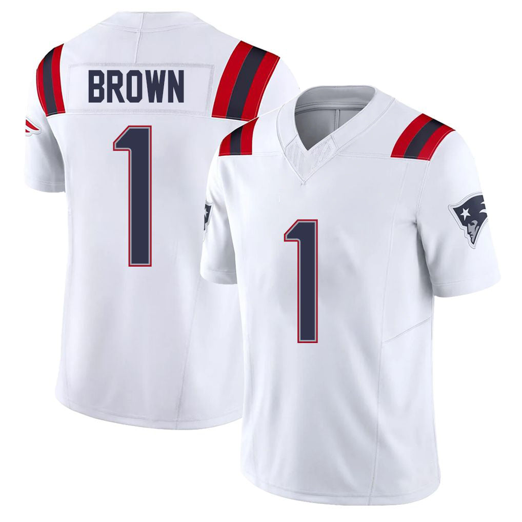 New England #1 Brown Player Football V Neck Short Sleeve White Jersey A.J. For Men Youth Women Gift