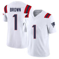 New England #1 Brown Player Football V Neck Short Sleeve White Jersey A.J. For Men Youth Women Gift