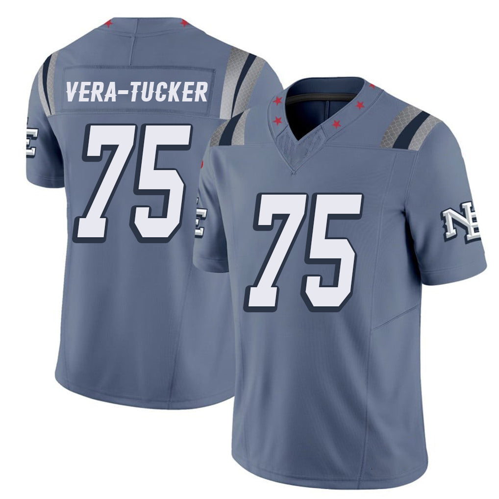 New England #75 Vera-Tucker Player Football V Neck Short Sleeve Blue Jersey Alijah For Men Youth Women Gift