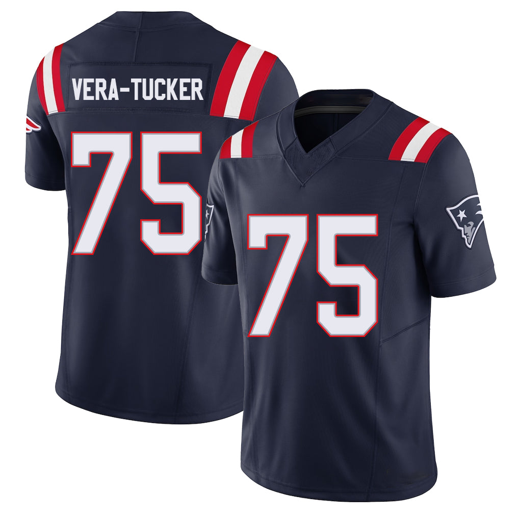 New England #75 Vera-Tucker Player Football V Neck Short Sleeve Navy Jersey Alijah For Men Youth Women Gift