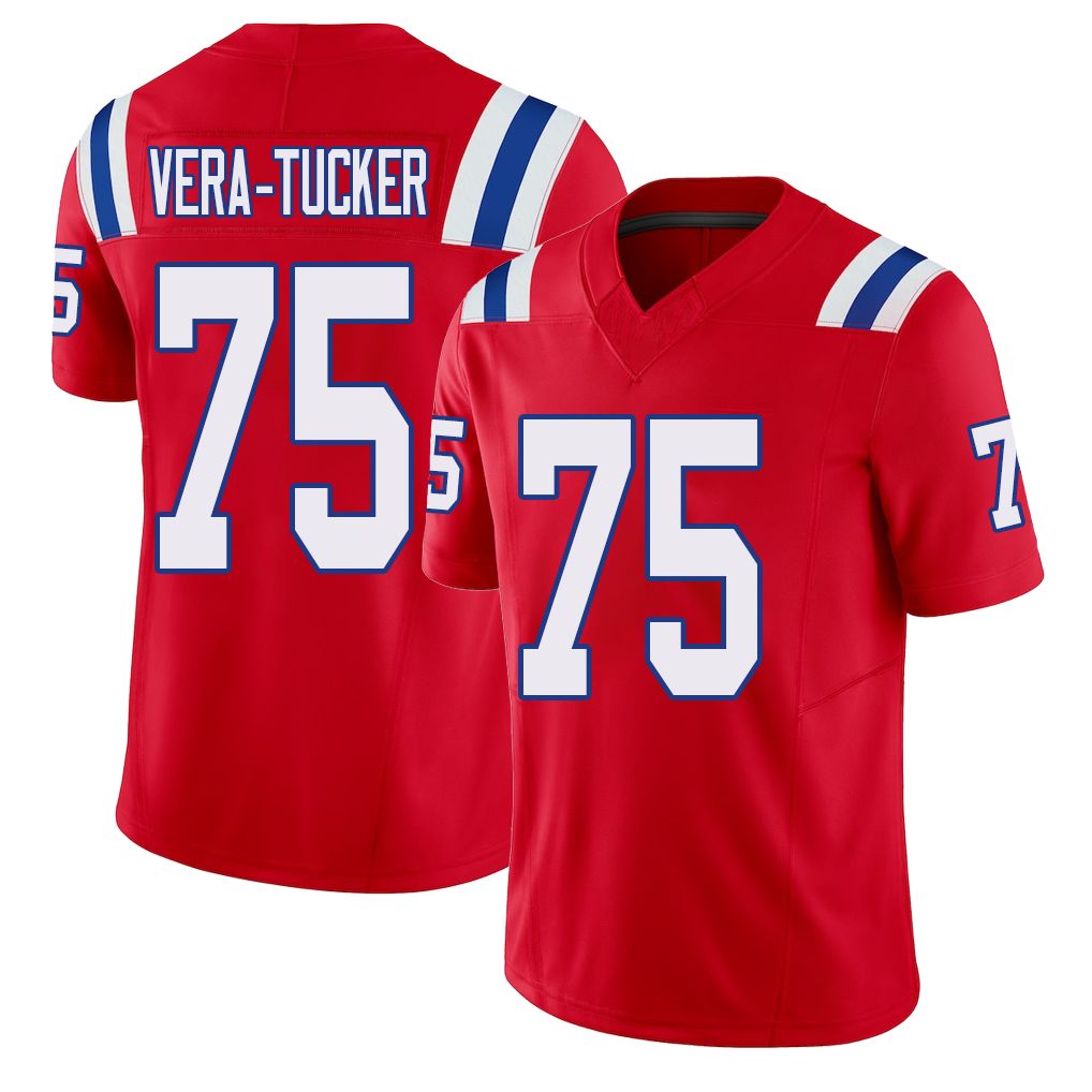 New England #75 Vera-Tucker Player Football V Neck Short Sleeve Red Jersey Alijah For Men Youth Women Gift