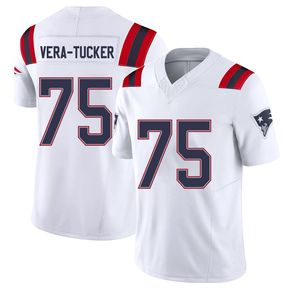New England #75 Vera-Tucker Player Football V Neck Short Sleeve White Jersey Alijah For Men Youth Women Gift