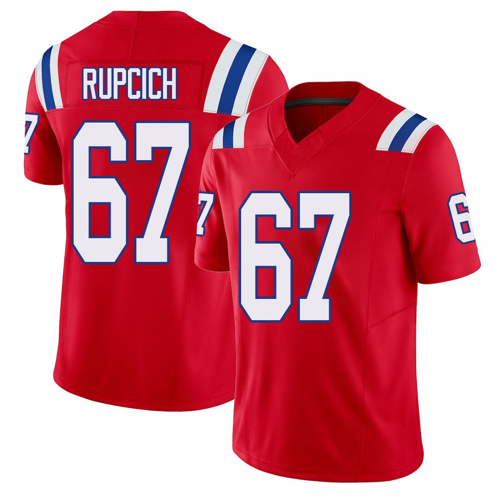 New England #67 Rupcich Player Football V Neck Short Sleeve Red Jersey Andrew For Men Youth Women Gift