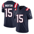 New England #15 Morton Player Football V Neck Short Sleeve Navy Jersey Behren For Men Youth Women Gift