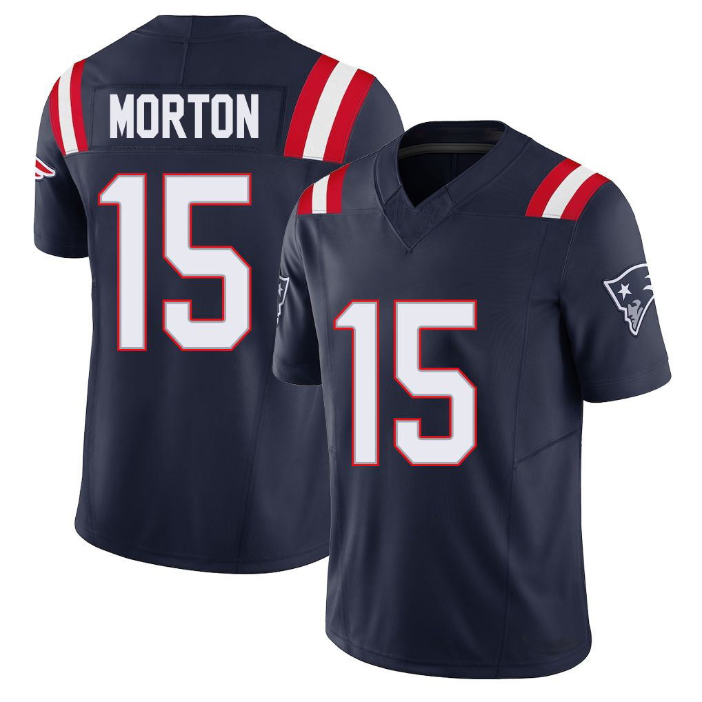 New England #15 Morton Player Football V Neck Short Sleeve Navy Jersey Behren For Men Youth Women Gift