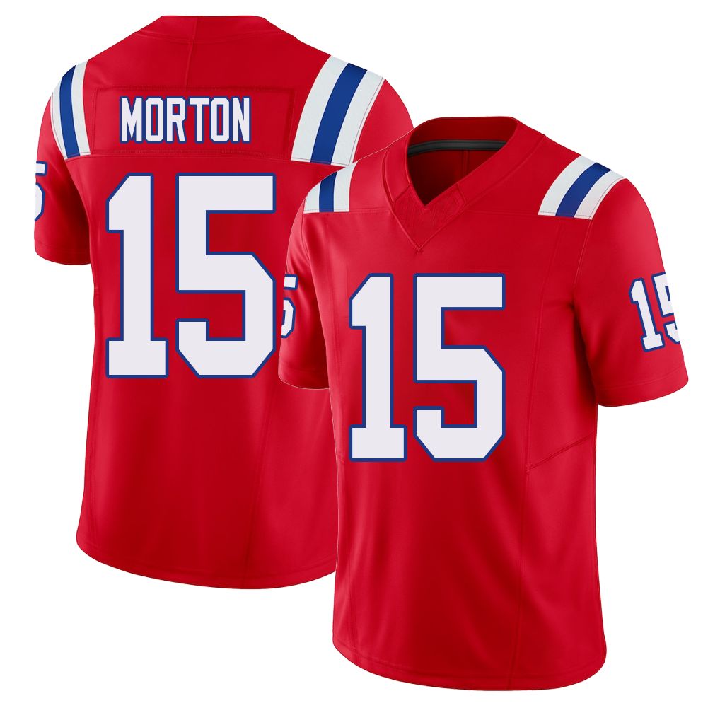 New England #15 Morton Player Football V Neck Short Sleeve Red Jersey Behren For Men Youth Women Gift