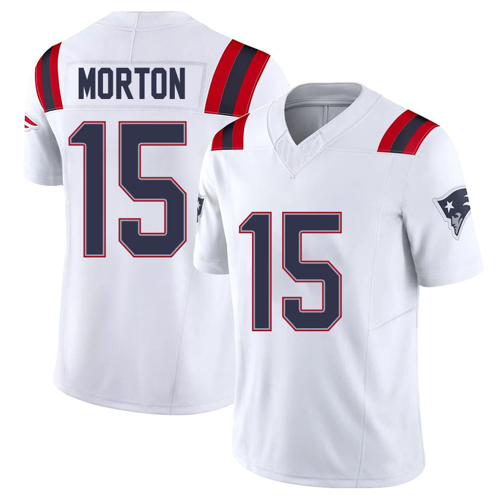 New England #15 Morton Player Football V Neck Short Sleeve White Jersey Behren For Men Youth Women Gift