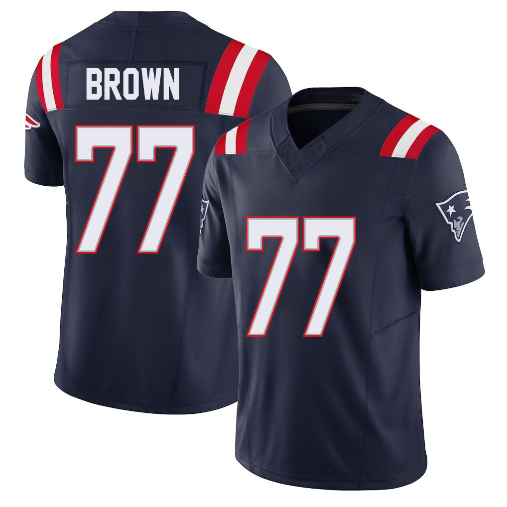 New England #77 Brown Player Football V Neck Short Sleeve Navy Jersey Ben For Men Youth Women Gift