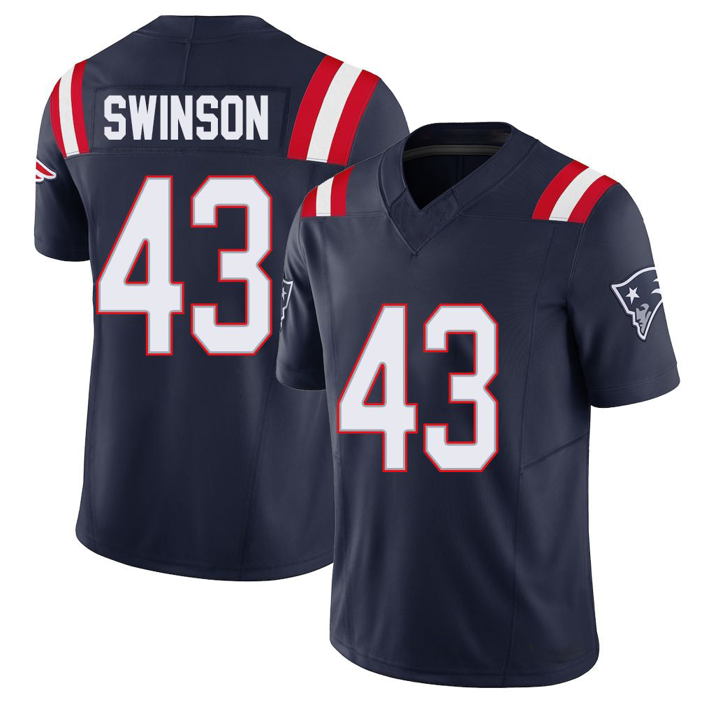 New England #43 Swinson Player Football V Neck Short Sleeve Navy Jersey Bradyn For Men Youth Women Gift