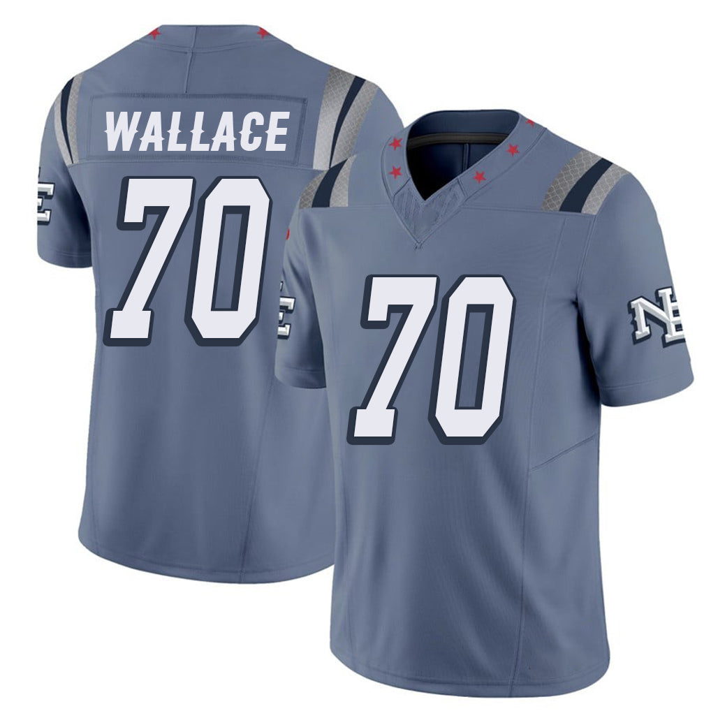 New England #70 Wallace Player Football V Neck Short Sleeve Blue Jersey Caedan For Men Youth Women Gift