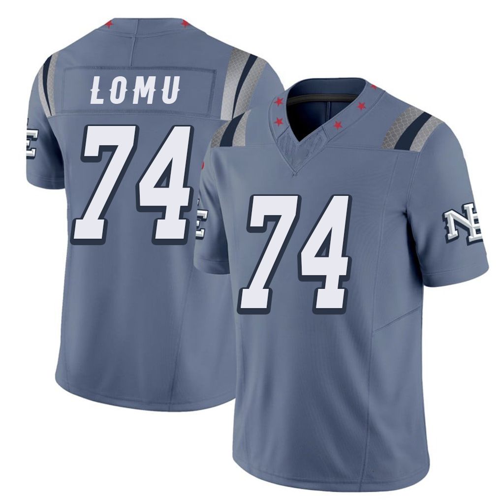 New England #74 Lomu Player Football V Neck Short Sleeve Blue Jersey Caleb For Men Youth Women Gift