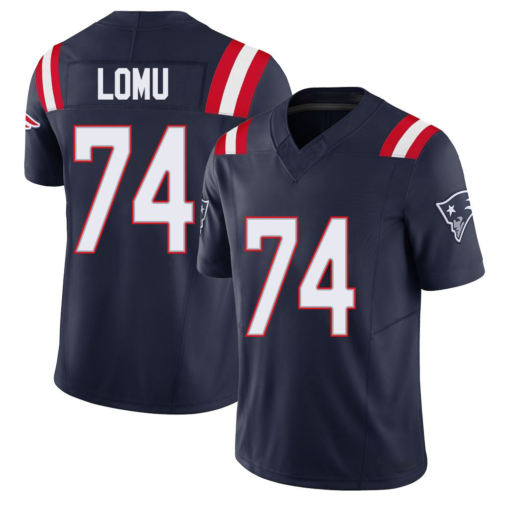 New England #74 Lomu Player Football V Neck Short Sleeve Navy Jersey Caleb For Men Youth Women Gift