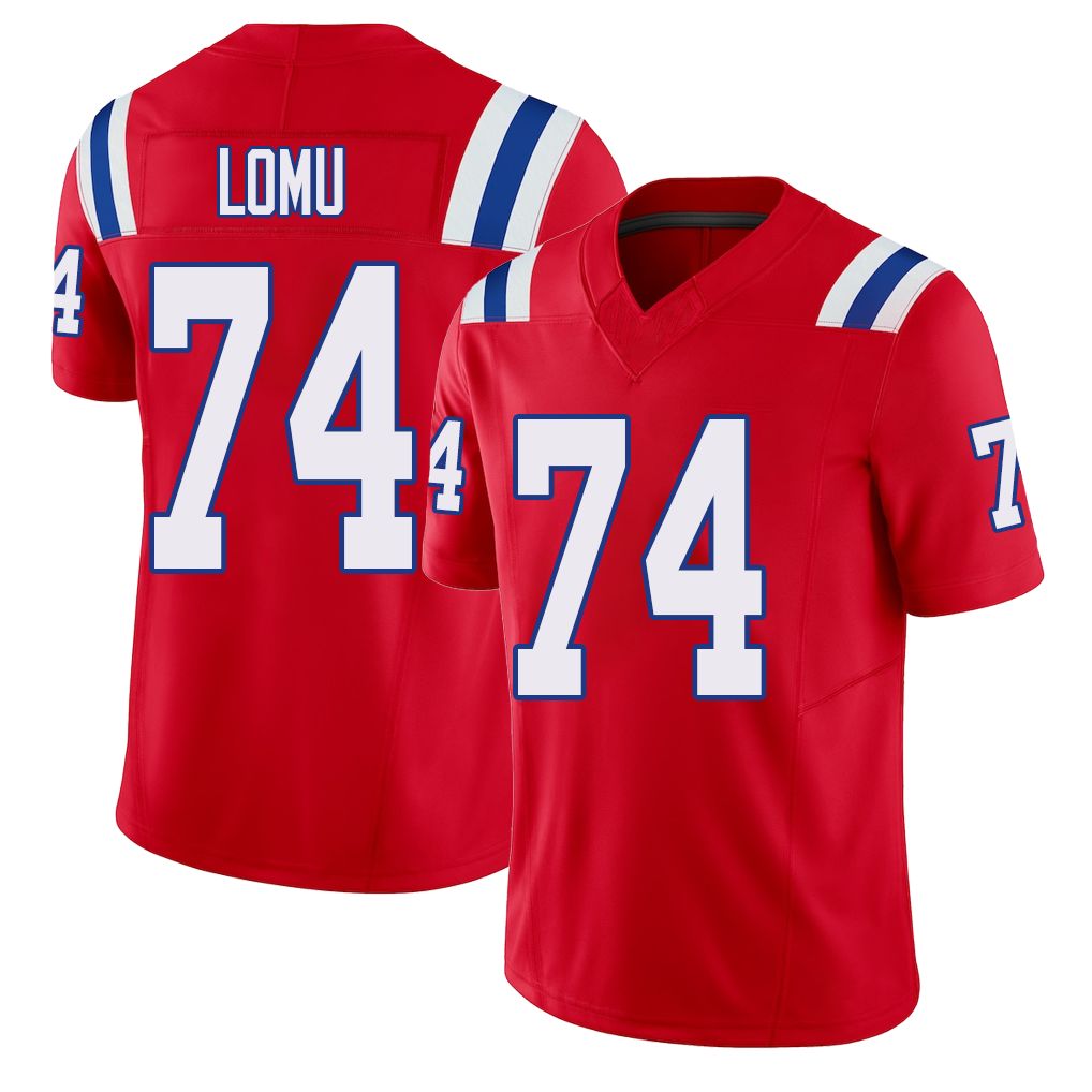 New England #74 Lomu Player Football V Neck Short Sleeve Red Jersey Caleb For Men Youth Women Gift