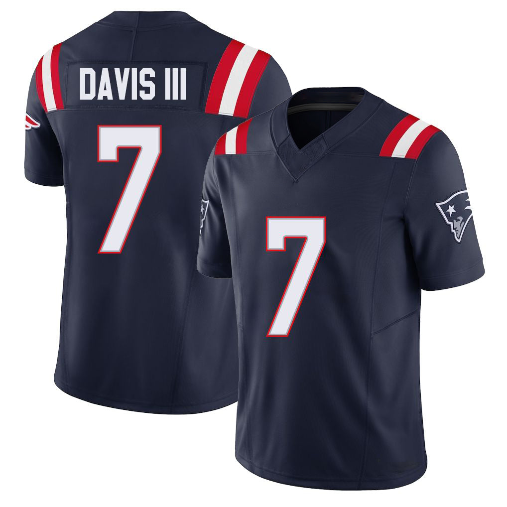 New England #7 Davis III Player Football V Neck Short Sleeve Navy Jersey Carlton For Men Youth Women Gift