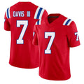 New England #7 Davis III Player Football V Neck Short Sleeve Red Jersey Carlton For Men Youth Women Gift