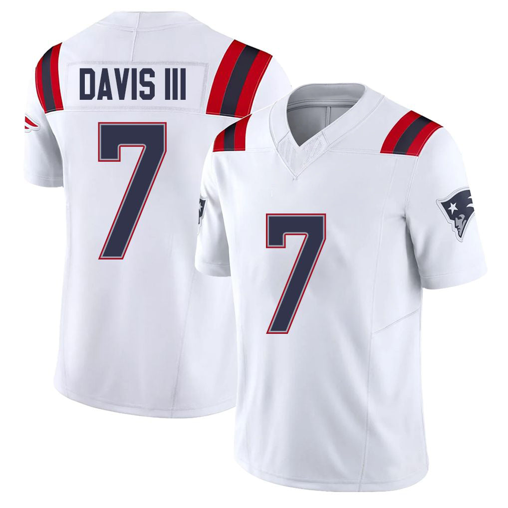 New England #7 Davis III Player Football V Neck Short Sleeve White Jersey Carlton For Men Youth Women Gift