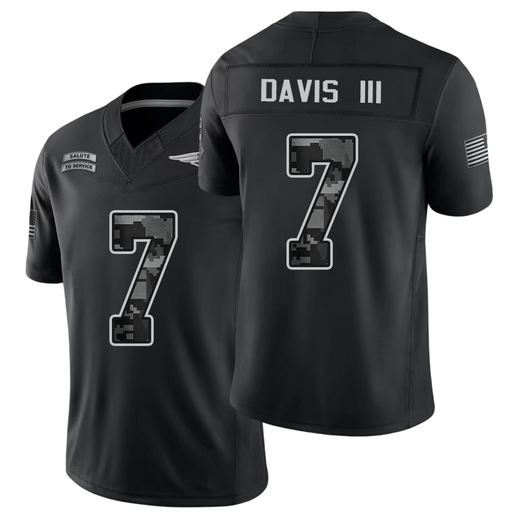 New England #7 Davis III Player Football V Neck Short Sleeve Black Jersey Carlton For Men Youth Women Gift